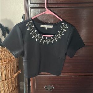 Lovers + Friends Black Embellished Short Sleeve Top